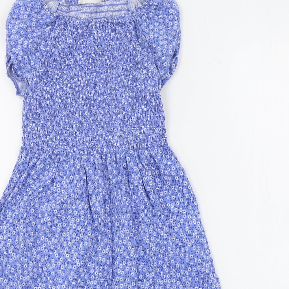 H&M Girls Blue Floral Cotton T-Shirt Dress  Size 7-8 Years  Round Neck Pullover