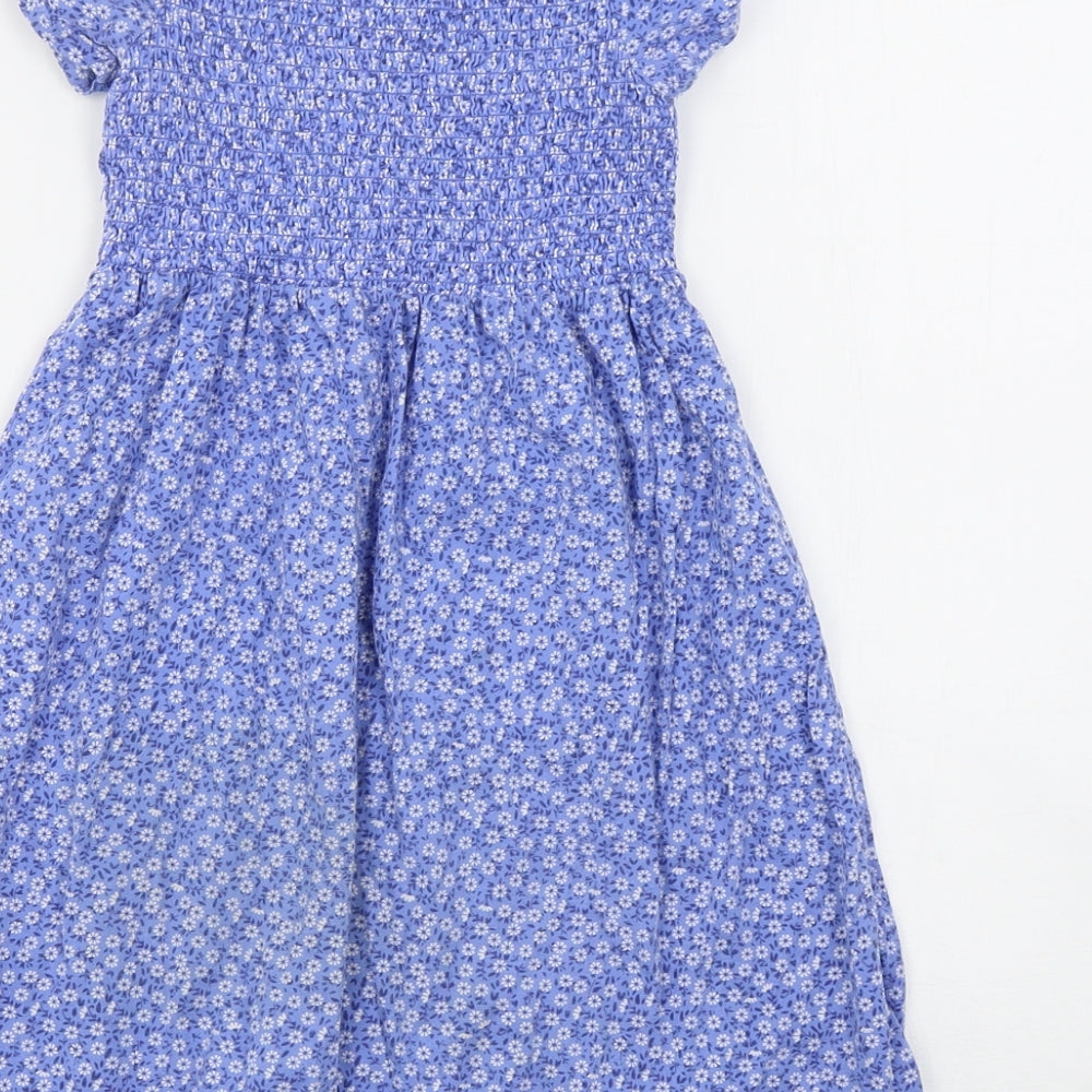 H&M Girls Blue Floral Cotton T-Shirt Dress  Size 7-8 Years  Round Neck Pullover