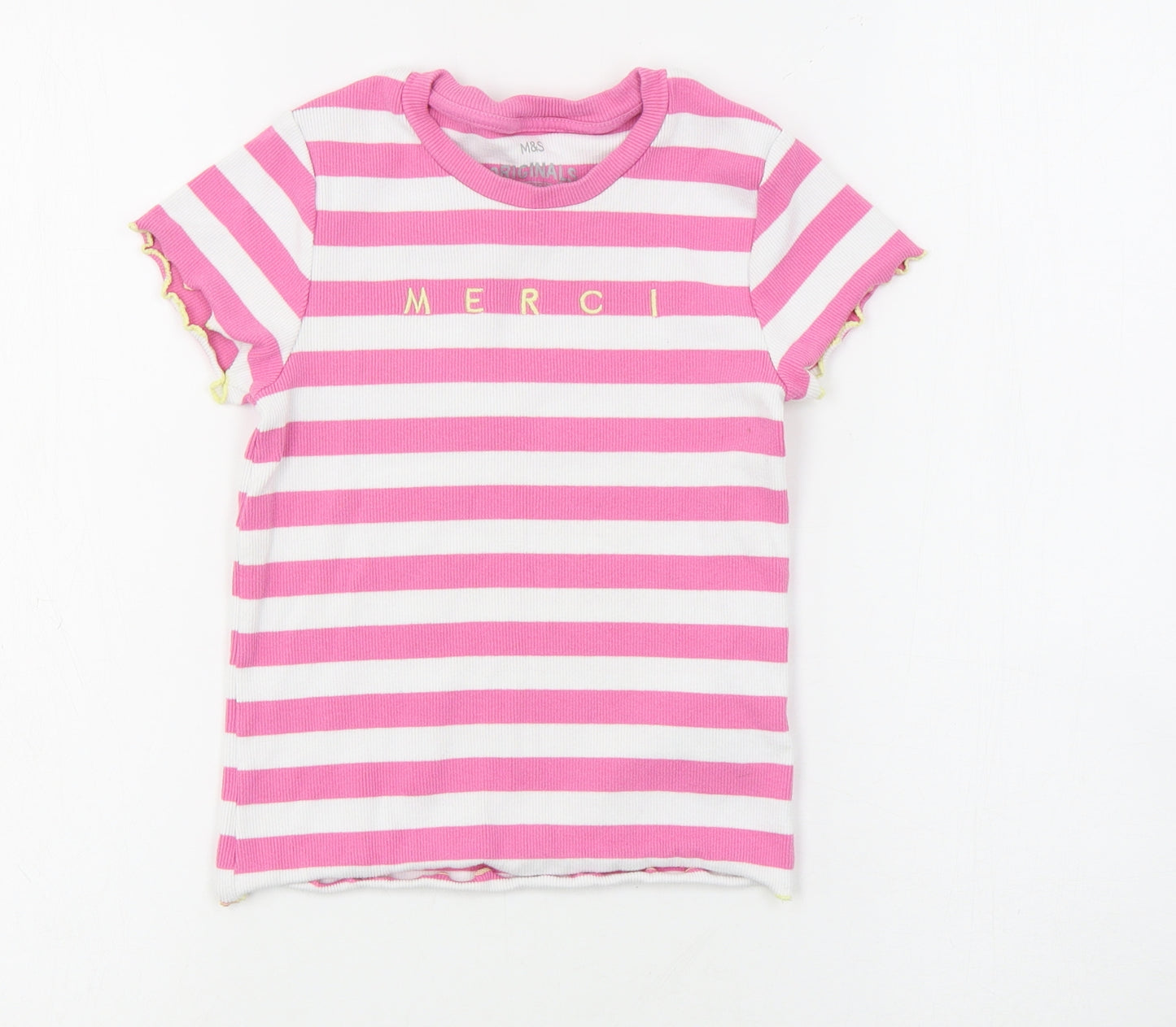 Marks and Spencer Girls Pink Striped Cotton Basic T-Shirt Size 8-9 Years Round Neck Pullover