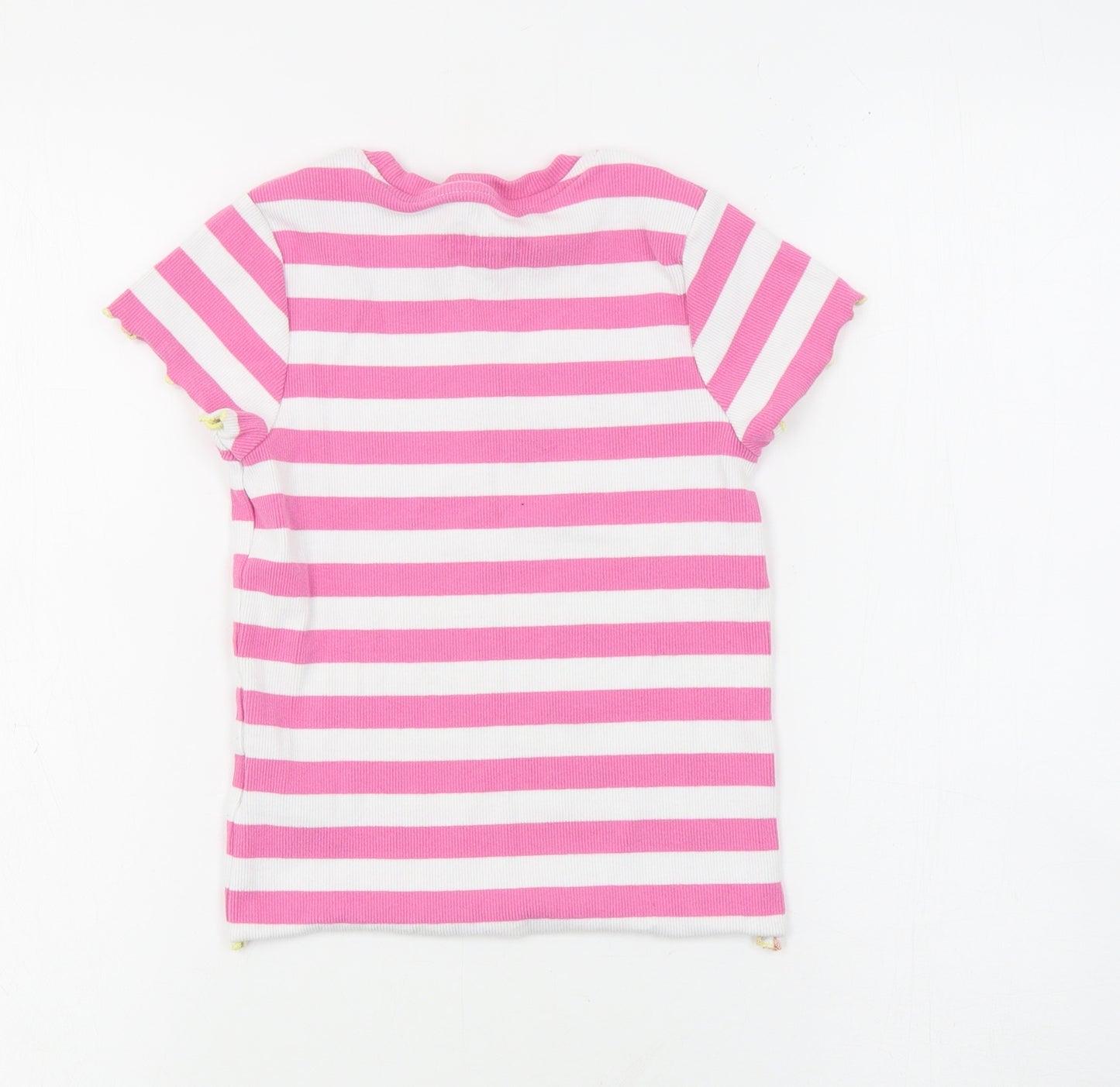 Marks and Spencer Girls Pink Striped Cotton Basic T-Shirt Size 8-9 Years Round Neck Pullover