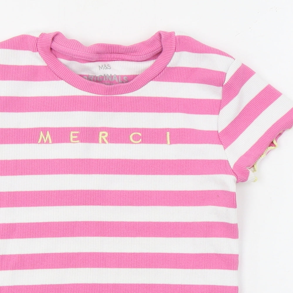 Marks and Spencer Girls Pink Striped Cotton Basic T-Shirt Size 8-9 Years Round Neck Pullover