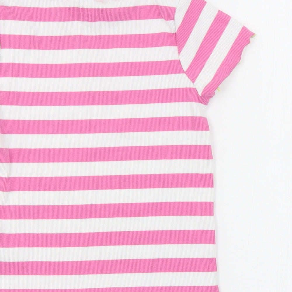 Marks and Spencer Girls Pink Striped Cotton Basic T-Shirt Size 8-9 Years Round Neck Pullover