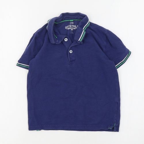 Marks and Spencer Boys Blue  Cotton Basic Polo Size 7-8 Years Collared Button