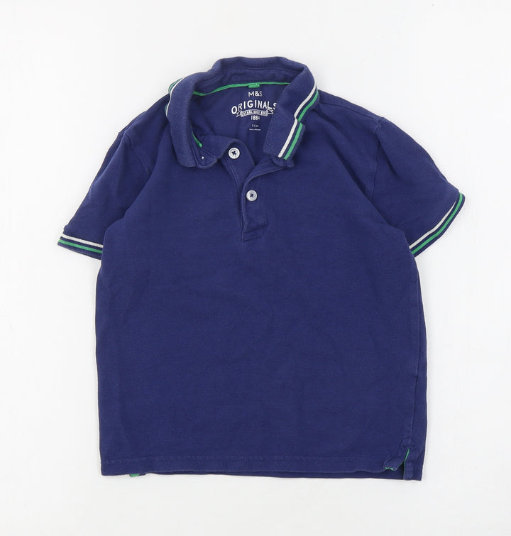 Marks and Spencer Boys Blue Cotton Basic Polo Size 7-8 Years Collared Button