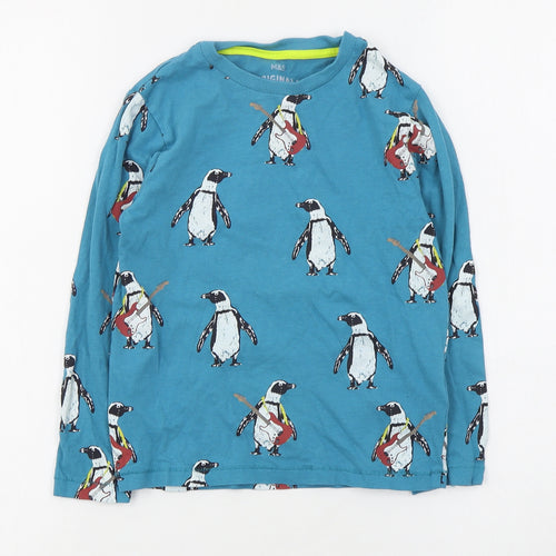 Marks and Spencer Boys Blue Geometric Cotton Basic T-Shirt Size 6-7 Years Crew Neck Pullover - Penguin