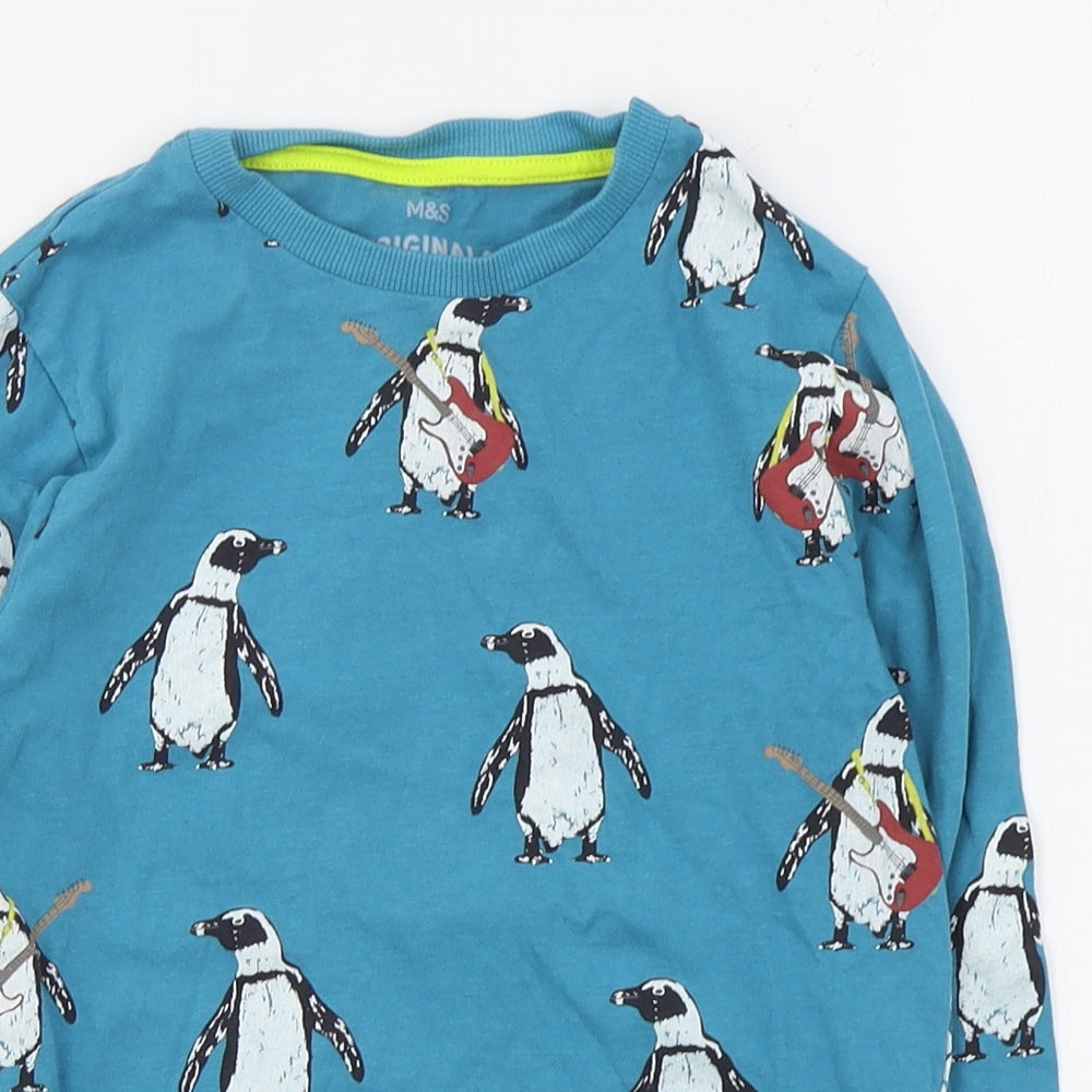 Marks and Spencer Boys Blue Geometric Cotton Basic T-Shirt Size 6-7 Years Crew Neck Pullover - Penguin