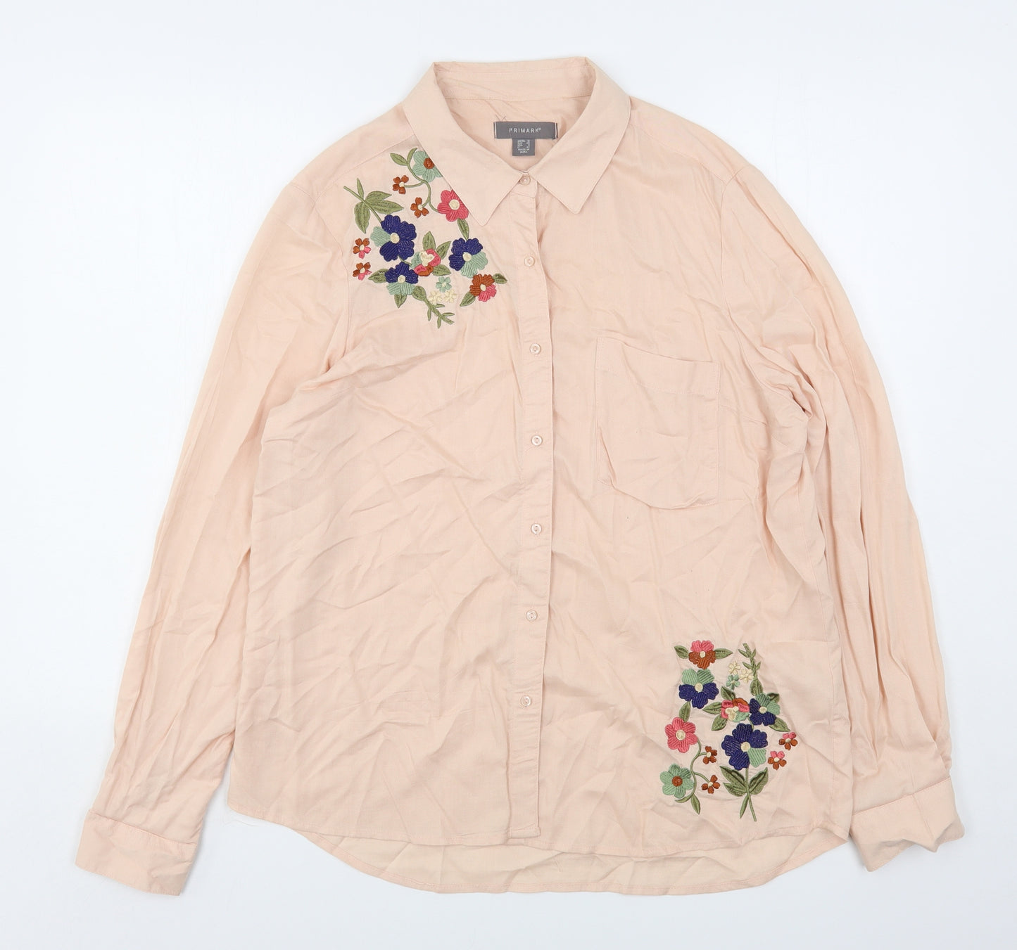 Primark Womens Pink Floral Viscose Basic Button-Up Size 12 Collared