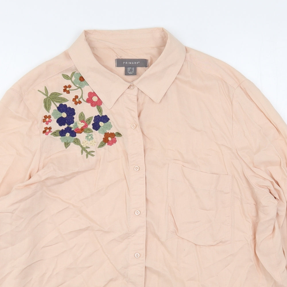 Primark Womens Pink Floral Viscose Basic Button-Up Size 12 Collared