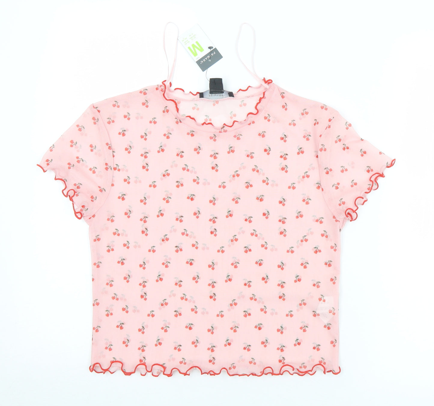 Primark Womens Pink Geometric Polyester Cropped T-Shirt Size 12 Round Neck - 12/14, Cherries