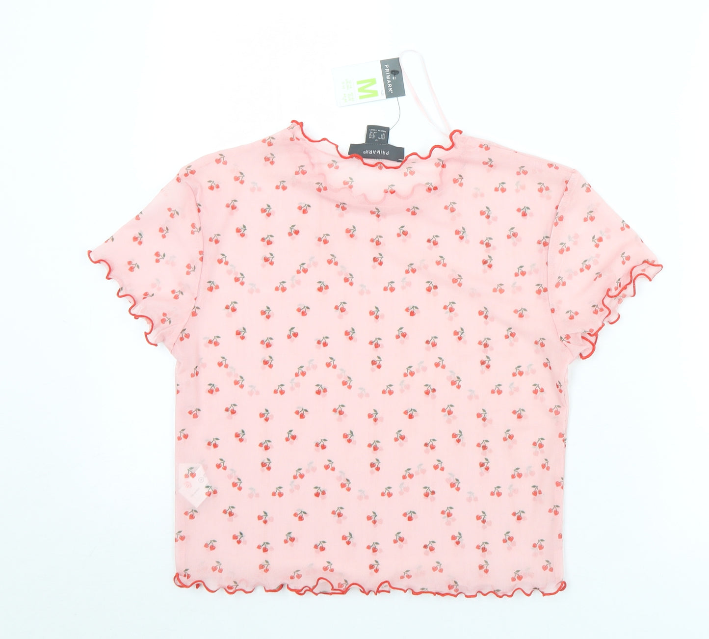 Primark Womens Pink Geometric Polyester Cropped T-Shirt Size 12 Round Neck - 12/14, Cherries