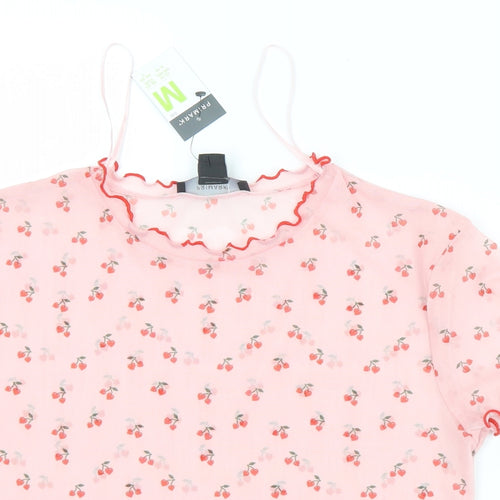 Primark Womens Pink Geometric Polyester Cropped T-Shirt Size 12 Round Neck - 12/14, Cherries