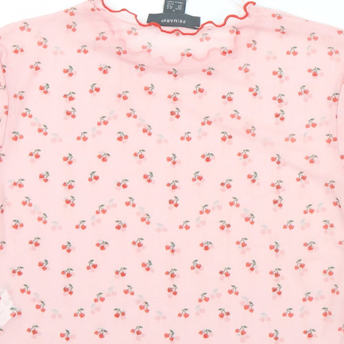 Primark Womens Pink Geometric Polyester Cropped T-Shirt Size 12 Round Neck - 12/14, Cherries