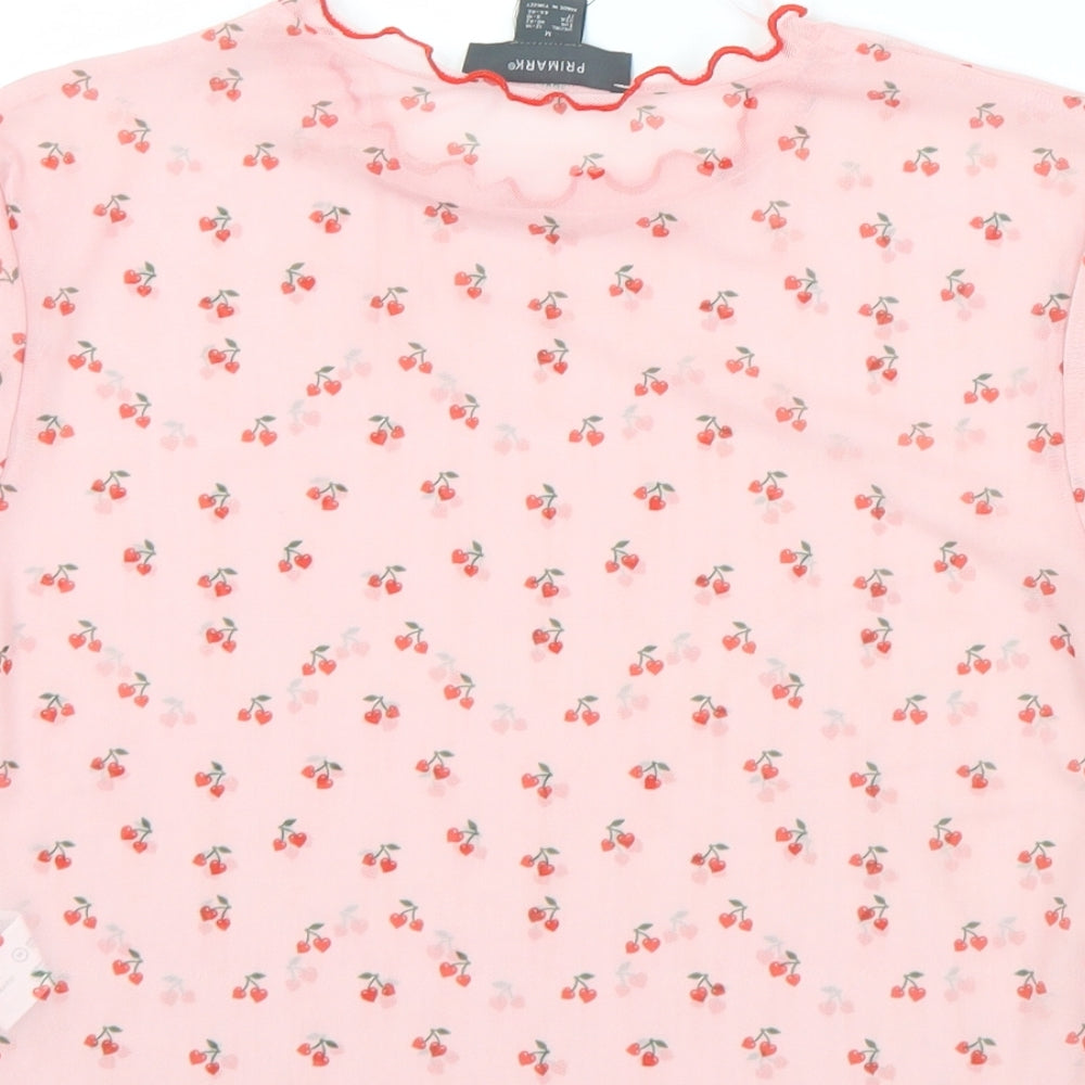 Primark Womens Pink Geometric Polyester Cropped T-Shirt Size 12 Round Neck - 12/14, Cherries