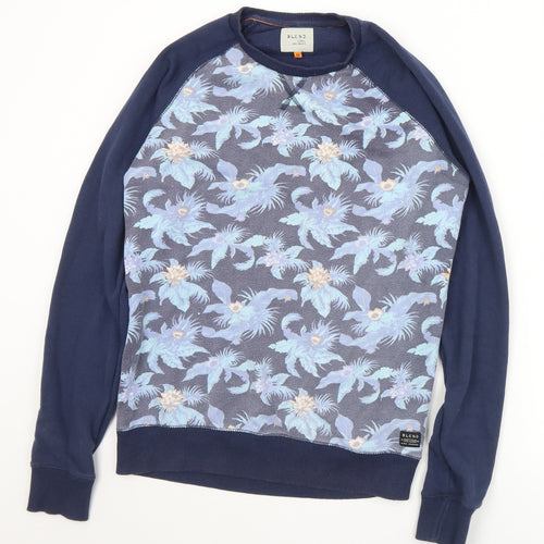 Blend Mens Blue Floral Cotton Pullover Sweatshirt Size M