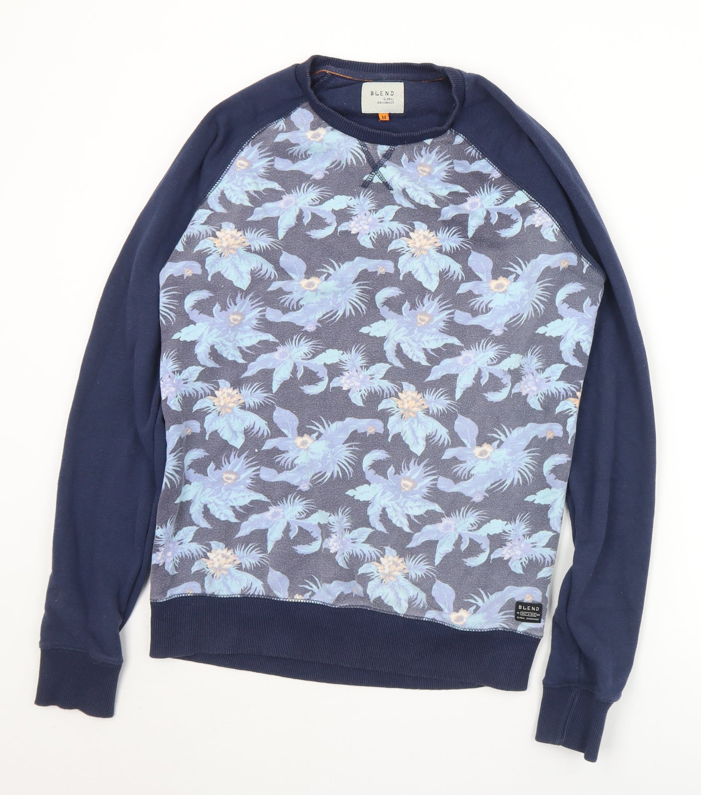 Blend Mens Blue Floral Cotton Pullover Sweatshirt Size M