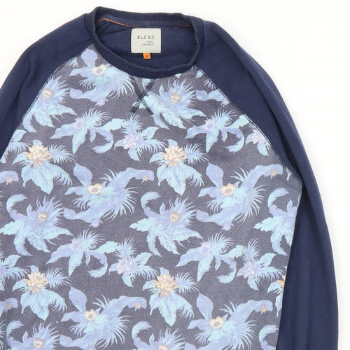 Blend Mens Blue Floral Cotton Pullover Sweatshirt Size M