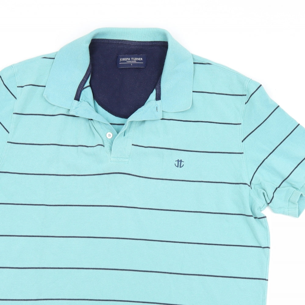 Joseph Turner Mens Blue Striped Cotton  Polo Size L Collared Button