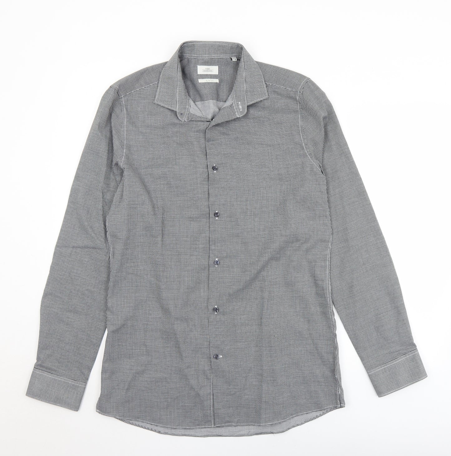 NEXT Mens Black Check Polyester  Button-Up Size 15.5 Collared Button