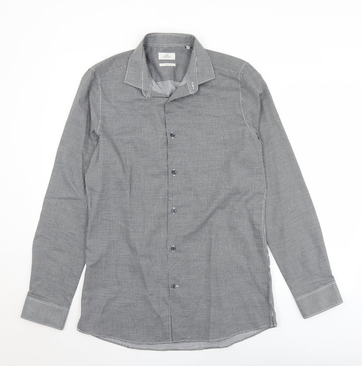 NEXT Mens Black Check Polyester  Button-Up Size 15.5 Collared Button