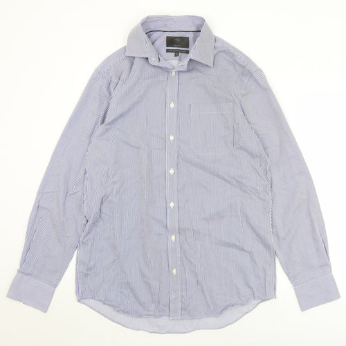 Marks and Spencer Mens Blue Striped Cotton  Button-Up Size 15.5 Collared Button