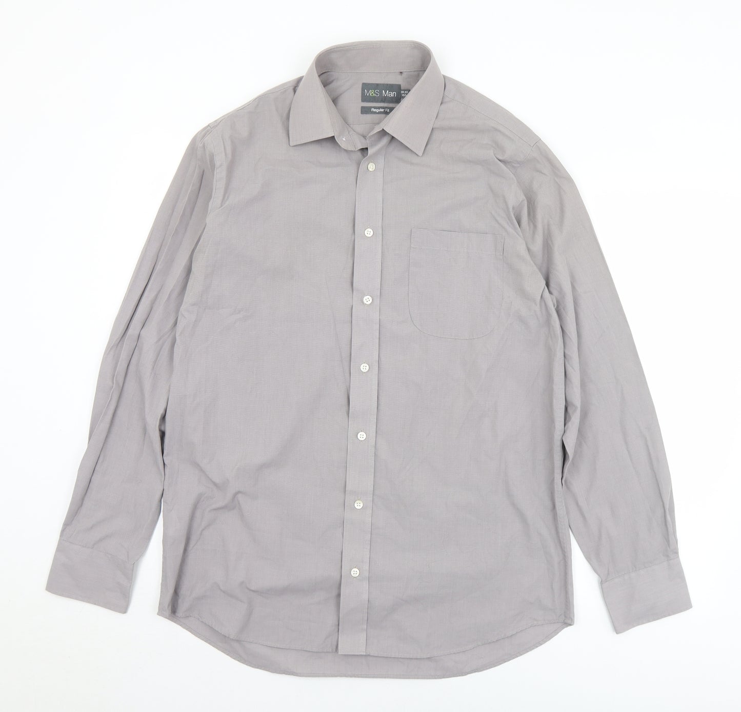 Marks and Spencer Mens Grey  Polyester  Button-Up Size 15.5 Collared Button
