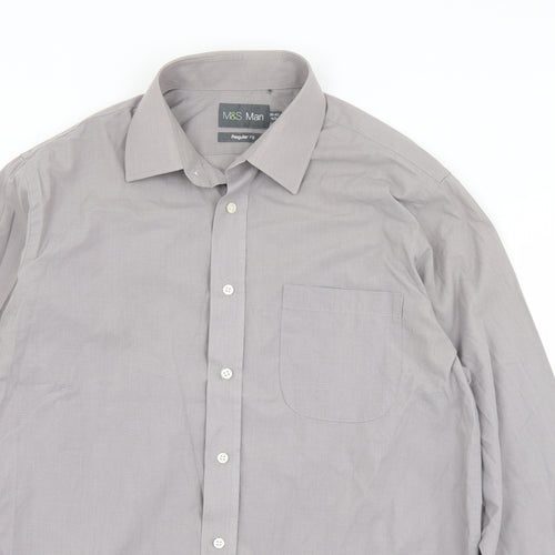 Marks and Spencer Mens Grey  Polyester  Button-Up Size 15.5 Collared Button