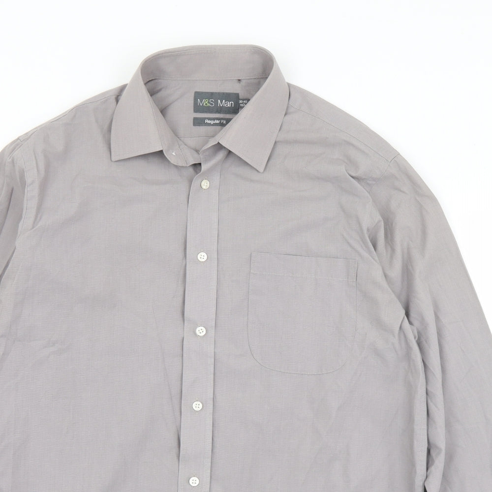 Marks and Spencer Mens Grey  Polyester  Button-Up Size 15.5 Collared Button