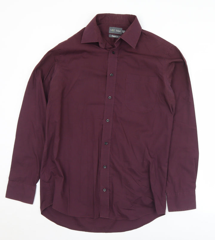 Marks and Spencer Mens Purple Cotton Button-Up Size 15.5 Collared Button