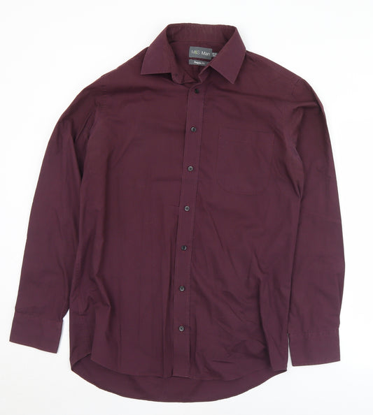 Front view of Marks & Spencer men’s purple cotton button-up, size 15.5 collared button