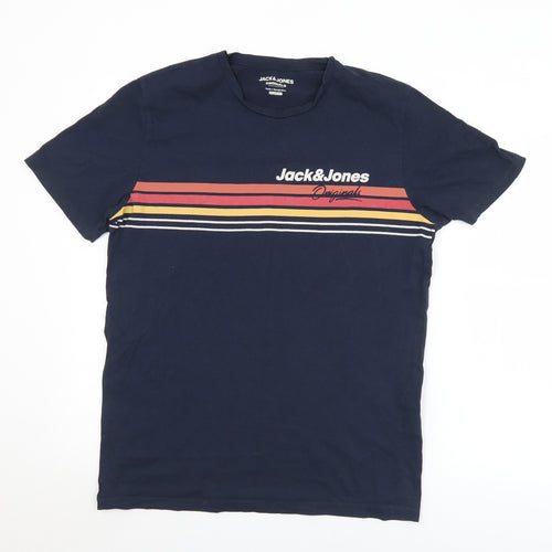 JACK & JONES Mens Blue Striped Cotton  T-Shirt Size M Crew Neck