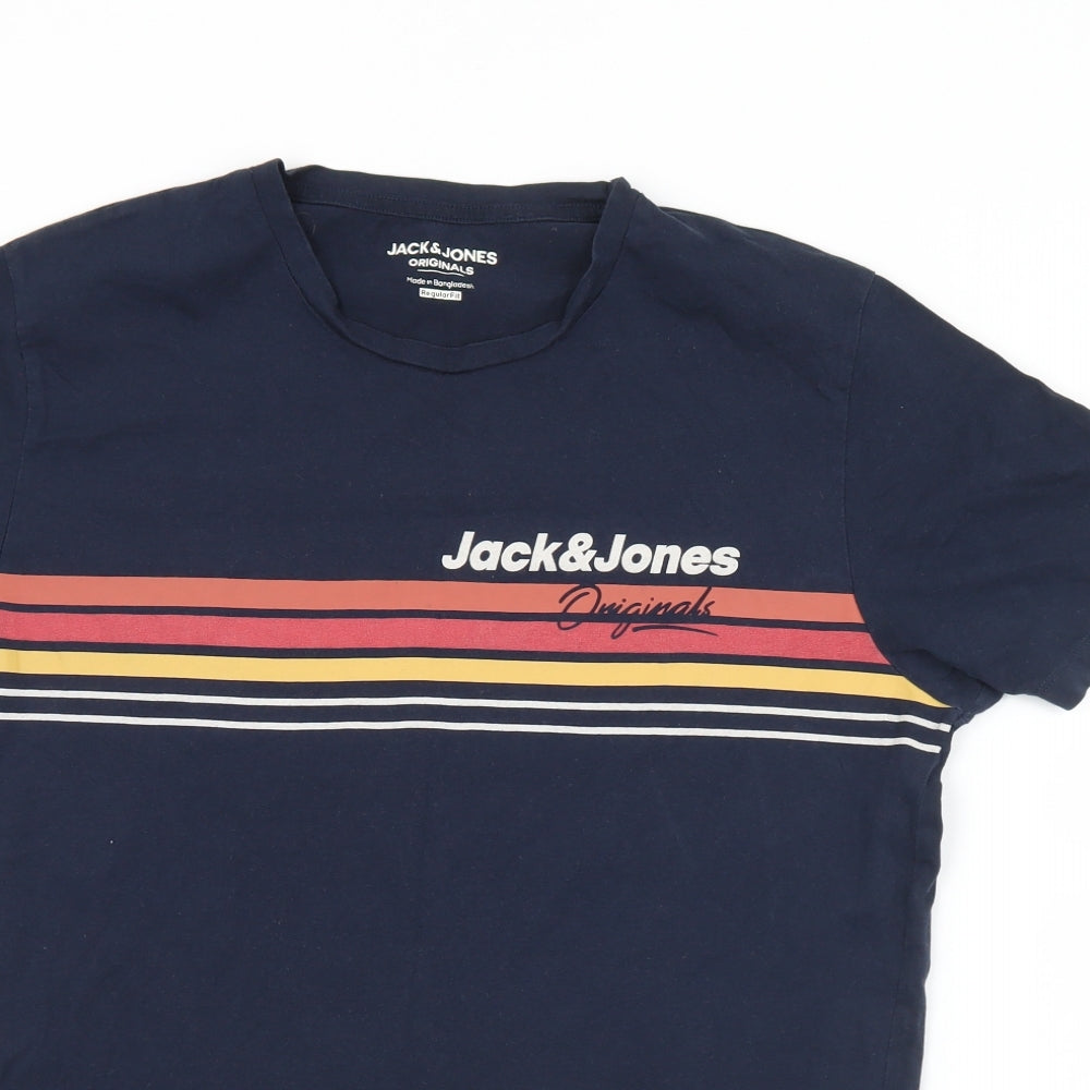 JACK & JONES Mens Blue Striped Cotton  T-Shirt Size M Crew Neck