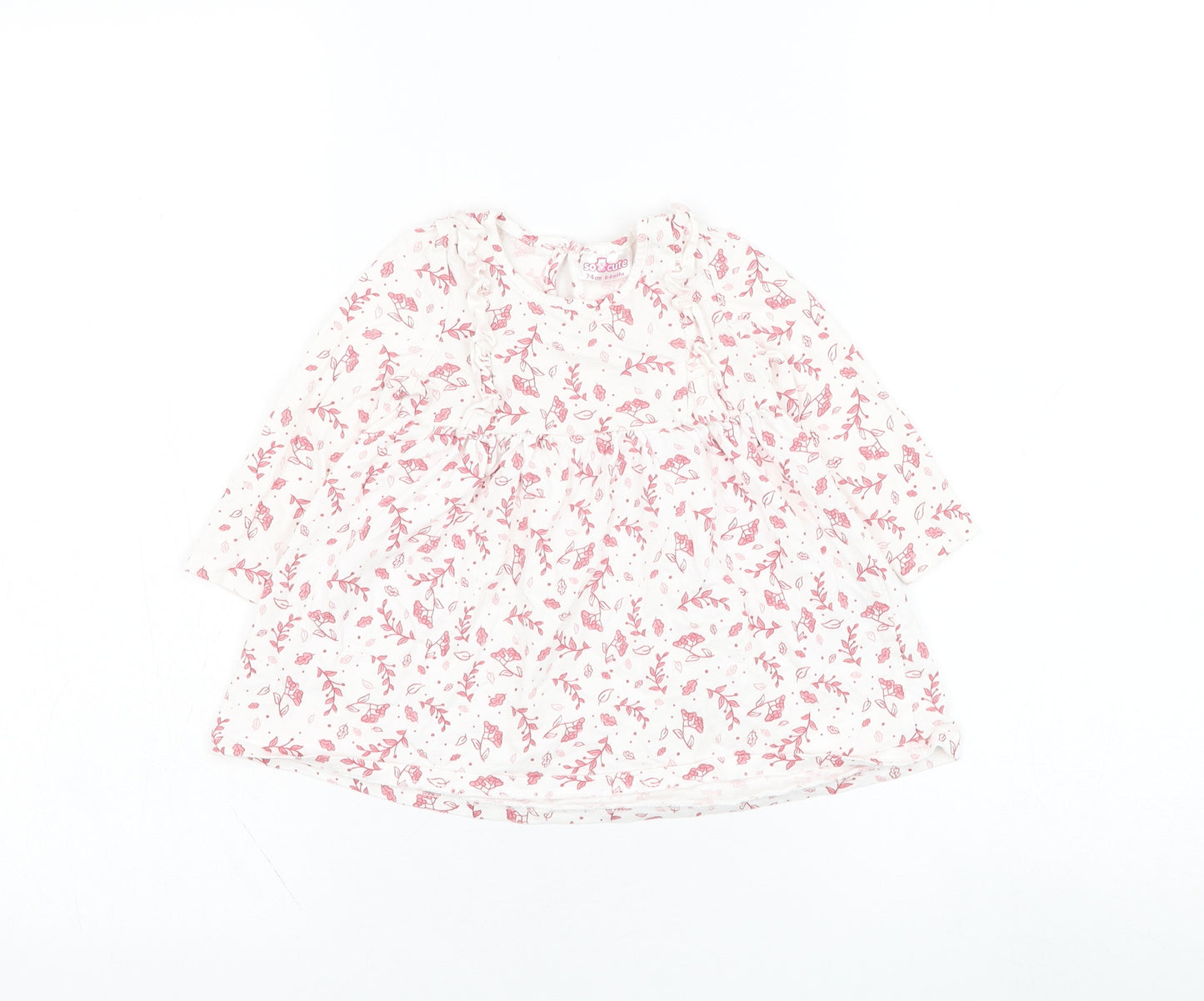 So Cute Girls White Floral Cotton Skater Dress  Size 6-9 Months  Round Neck Pullover