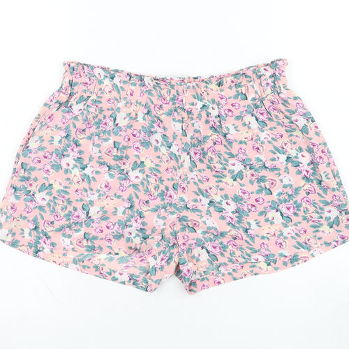 Suma Womens Pink Floral Polyester Paperbag Shorts Size M L3 in Regular Zip