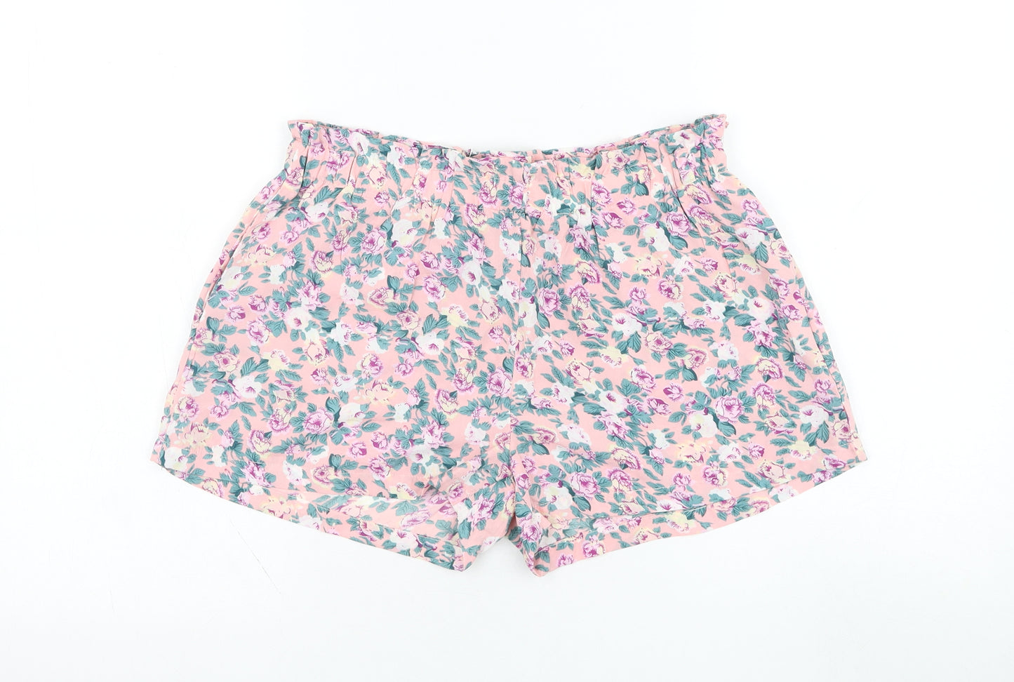 Suma Womens Pink Floral Polyester Paperbag Shorts Size M L3 in Regular Zip