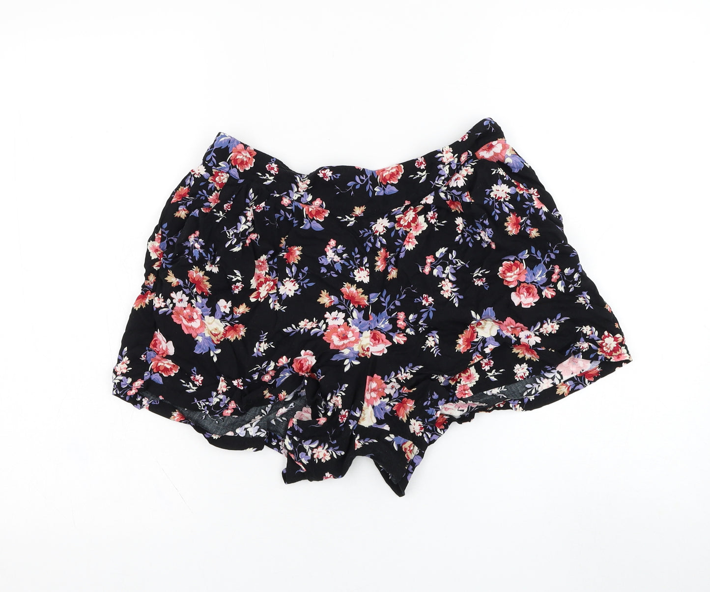 Peacocks Womens Black Floral Viscose Hot Pants Shorts Size 14 L3 in Regular Pull On