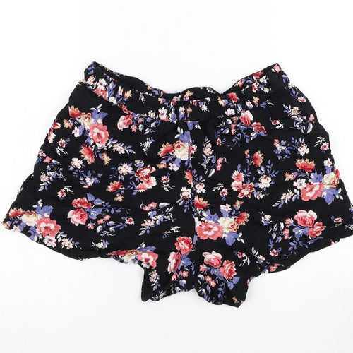 Peacocks Womens Black Floral Viscose Hot Pants Shorts Size 14 L3 in Regular Pull On