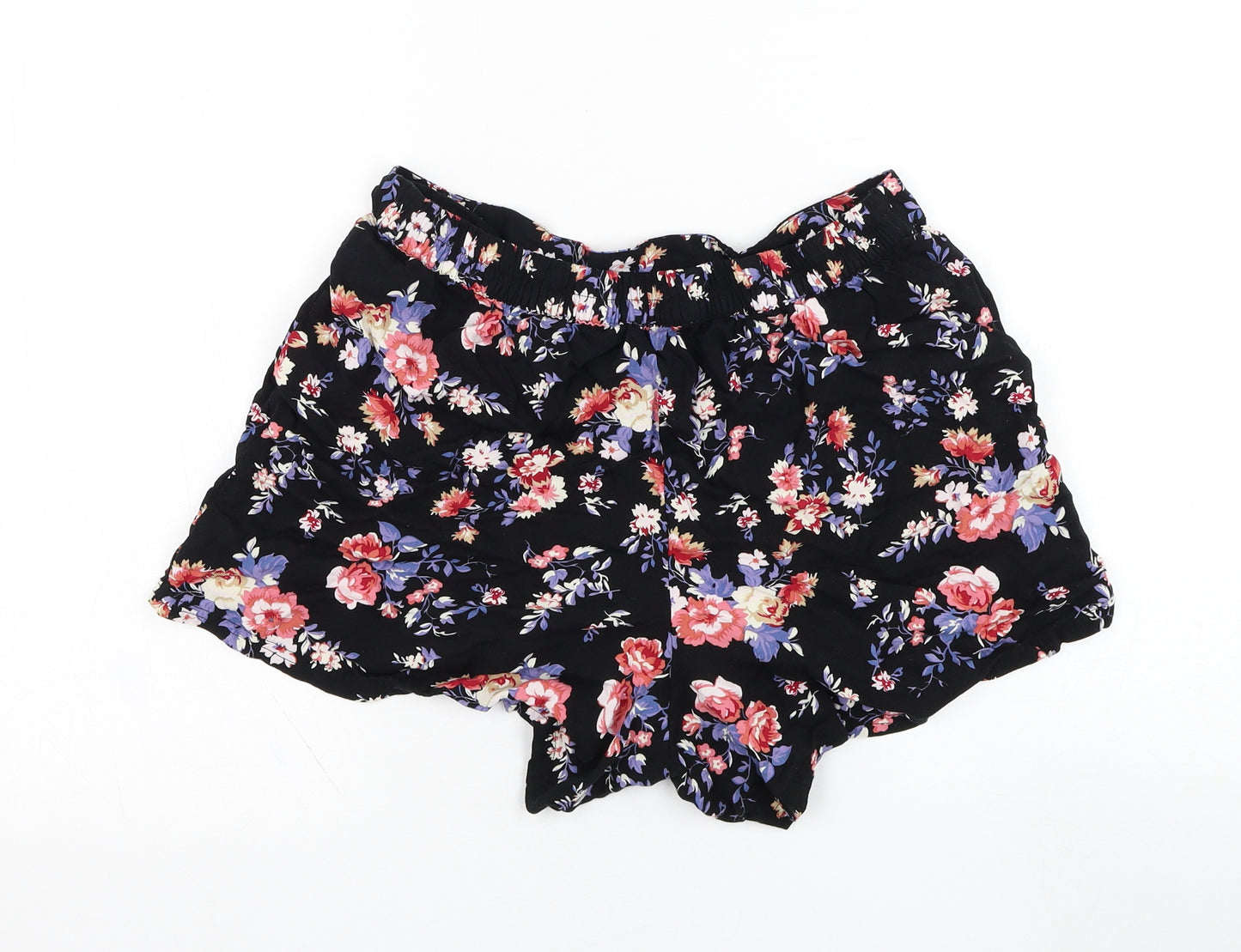Peacocks Womens Black Floral Viscose Hot Pants Shorts Size 14 L3 in Regular Pull On