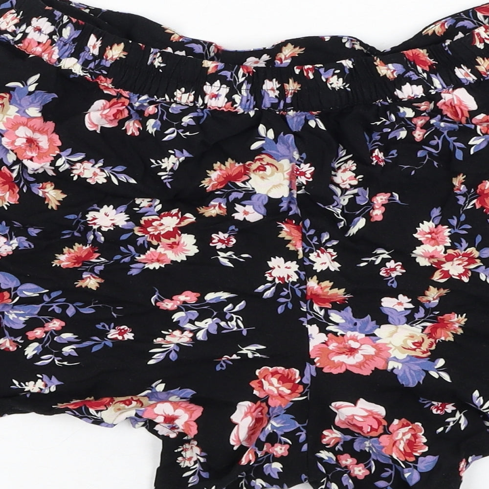 Peacocks Womens Black Floral Viscose Hot Pants Shorts Size 14 L3 in Regular Pull On