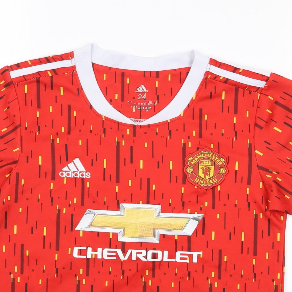 adidas Boys Red Geometric Polyester Pullover T-Shirt Size 10-11 Years Crew Neck Pullover - Manchester United