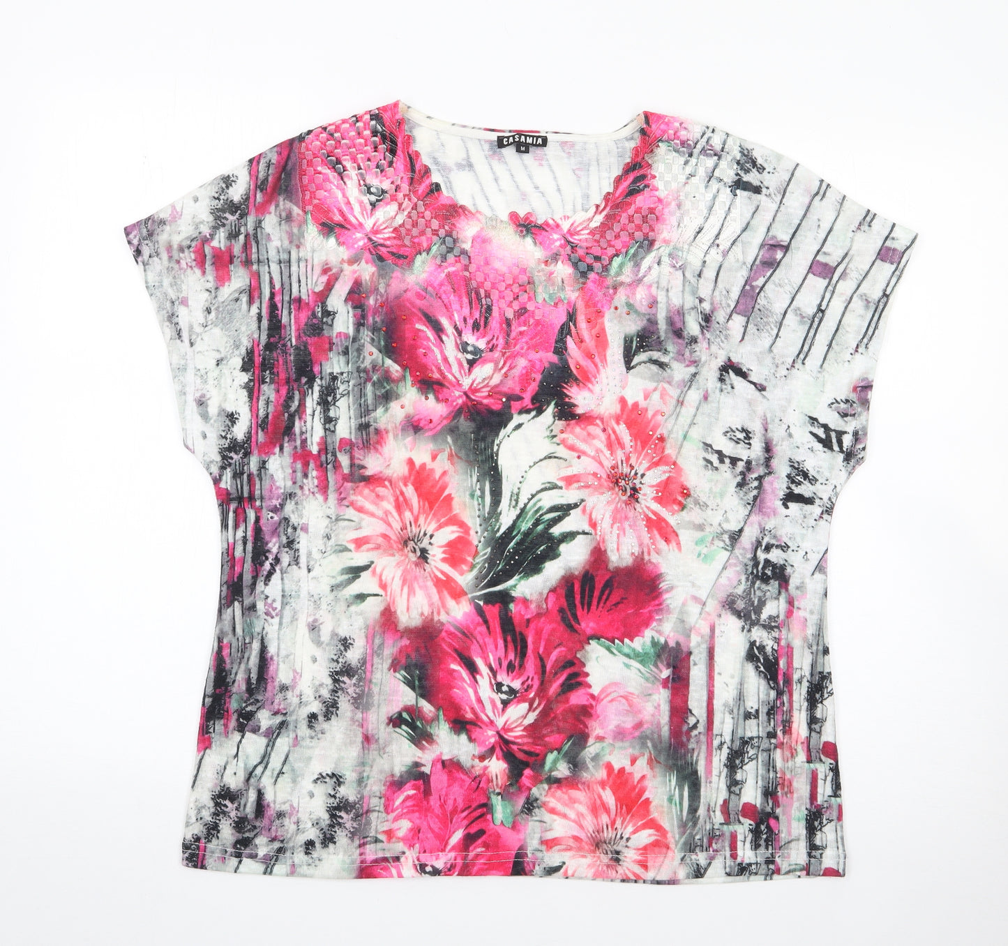 Casamia` Womens Multicoloured Floral Polyester Jersey T-Shirt Size M Round Neck