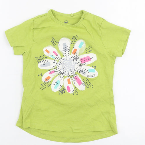 Boboli Girls Green  100% Cotton Jersey T-Shirt Size 4 Years Round Neck Snap - Flower