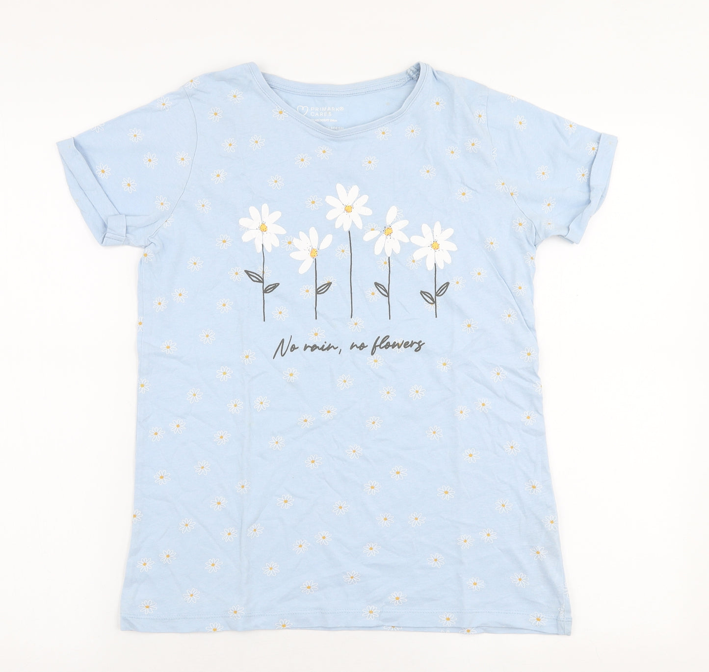 Primark Girls Blue  100% Cotton Jersey T-Shirt Size 13-14 Years Round Neck Pullover - No rain, no flowers