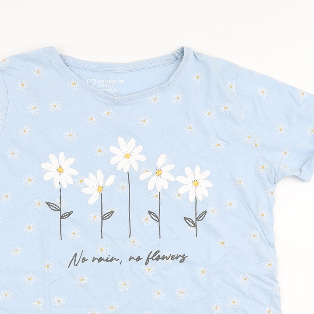 Primark Girls Blue  100% Cotton Jersey T-Shirt Size 13-14 Years Round Neck Pullover - No rain, no flowers
