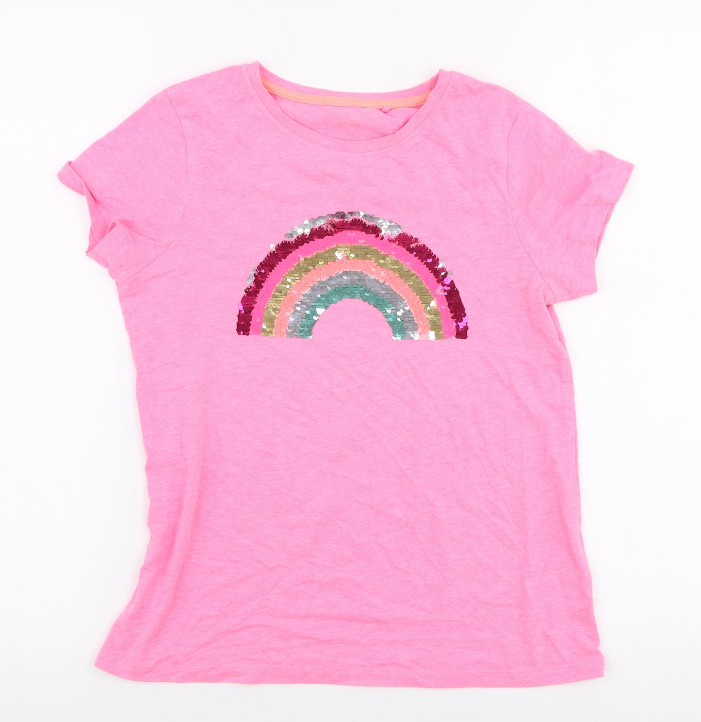 NEXT Girls Pink  Cotton Jersey T-Shirt Size 11 Years Round Neck Pullover - Rainbow