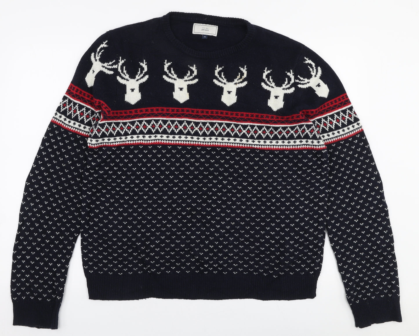 John Lewis Mens Blue Round Neck Fair Isle Cotton Pullover Jumper Size M   - christmas