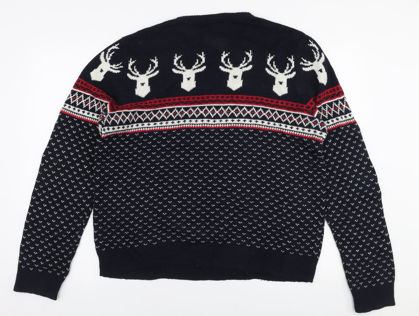 John Lewis Mens Blue Round Neck Fair Isle Cotton Pullover Jumper Size M   - christmas