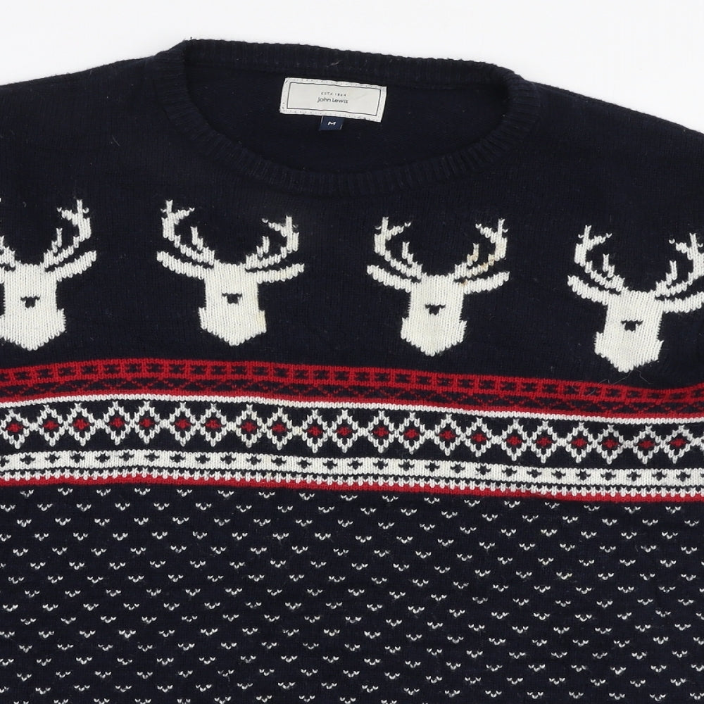 John Lewis Mens Blue Round Neck Fair Isle Cotton Pullover Jumper Size M   - christmas