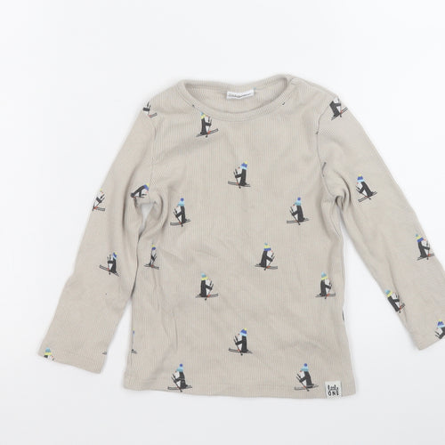 F&F Baby Beige Geometric Cotton Pullover Jumper Size 12-18 Months   - Skiing Penguin