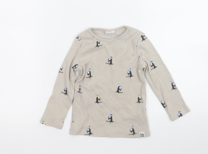 F&F Baby Beige Geometric Cotton Pullover Jumper Size 12-18 Months   - Skiing Penguin