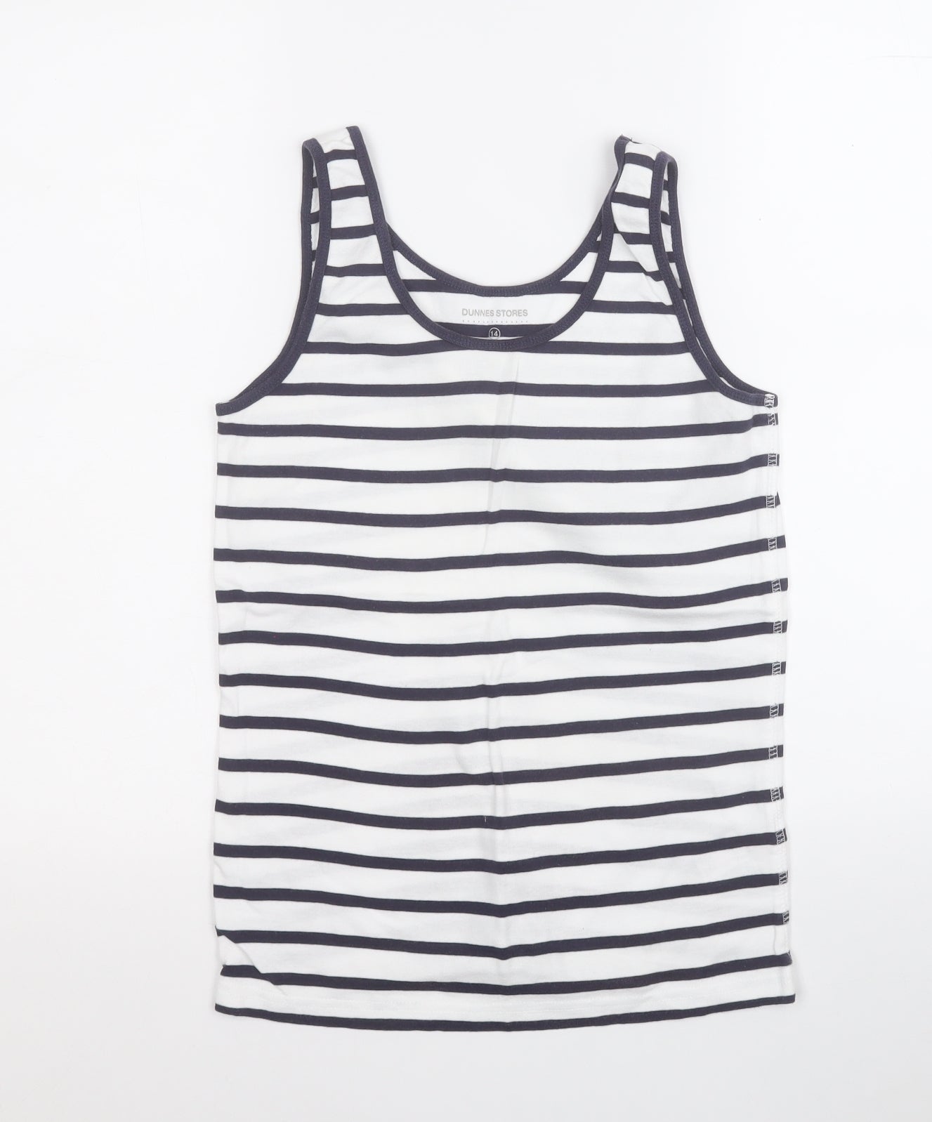 Dunnes Stores Womens White Striped Cotton Basic Tank Size 14 Round Neck